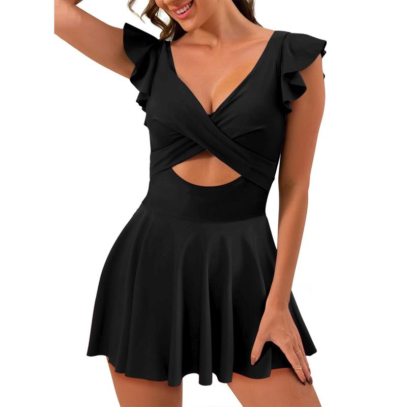 Women's One Piece Swimsuit Ruffle Cutout Swimdress Tummy Control V Neck Wrap Swimwear - Seldom Seen Styles