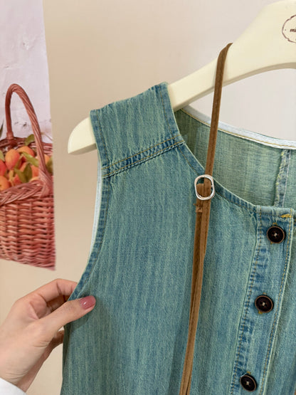 Women's Light Blue Denim Sleeveless Midi Dress Drop Waist Button Front with Free Fringe Crossbody Bag