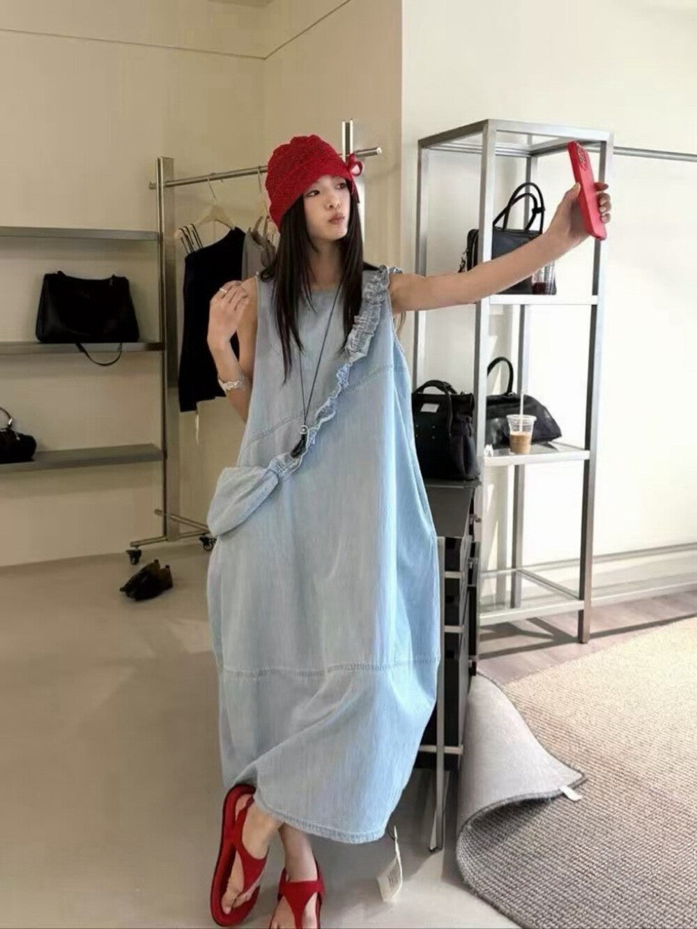 Women's Denim Sleeveless Diagonal Ruffle Trim A-Line Maxi Dress Drawstring Detail Light Blue Dark Navy One Size NNY with Free Bag - Seldom Seen Styles