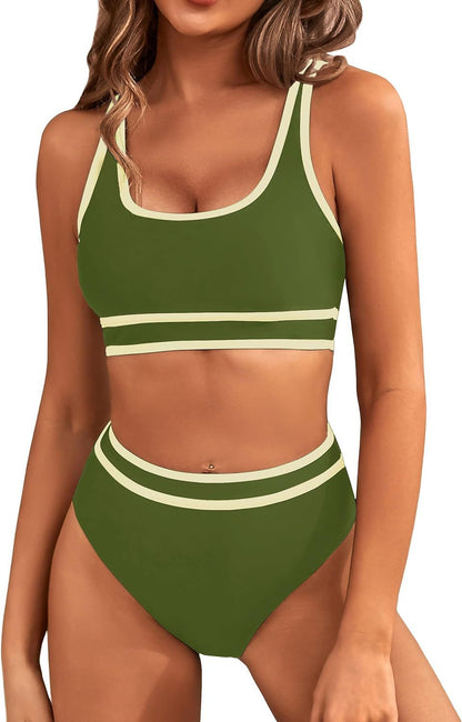 Women's High Waisted Bikini Sets Sporty Two Piece Swimsuits Color Block Cheeky High Cut Bathing Suits - Seldom Seen Styles