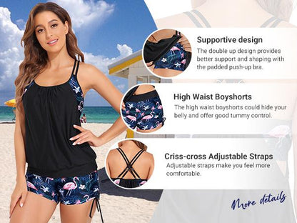 women-tankini-swimsuits-two-piece-tummy-control-bathing-suits-blouson-swim-tank-top-with-boy-shorts - Seldom Seen Styles