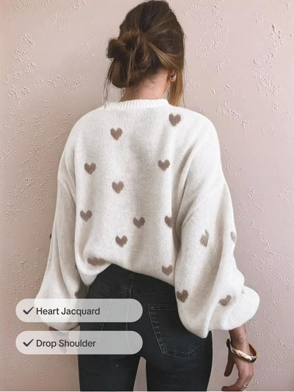 Women's All Over Heart Print Drop Shoulder Sweater, Casual Long Sleeve Round Neck Jumper for Fall & Winter, Fashion Ladies' Knitwear for Daily Wear