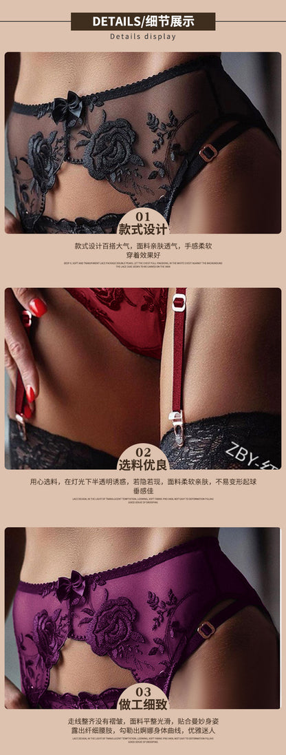 Women Floral Lace Garter Belt and G-String Set Plus Size Mesh Suspender Belt Sexy Embroidered Garter for Stockings