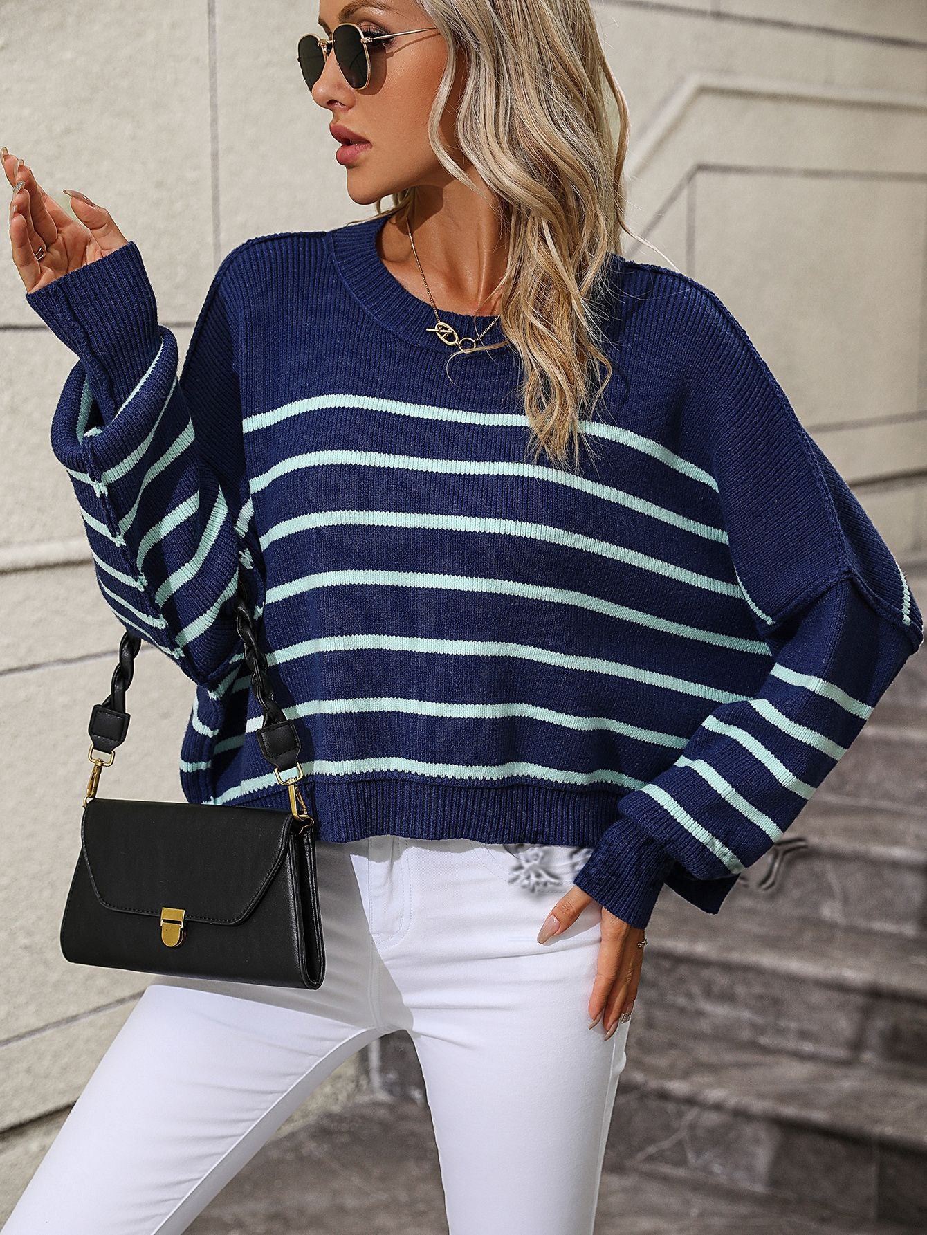 2023Autumn and Winter New Europe and America Cross Border Amazon round Neck Women's Knitwear Foreign Trade Loose Pullover Stripe Sweater Women