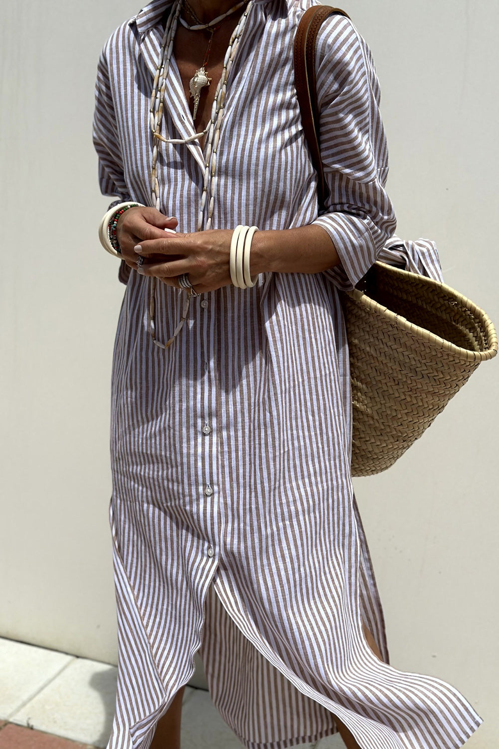Faith Cotton Linen Feel Striped Shirt Dress Oversized Midi with Slit - Seldom Seen Styles
