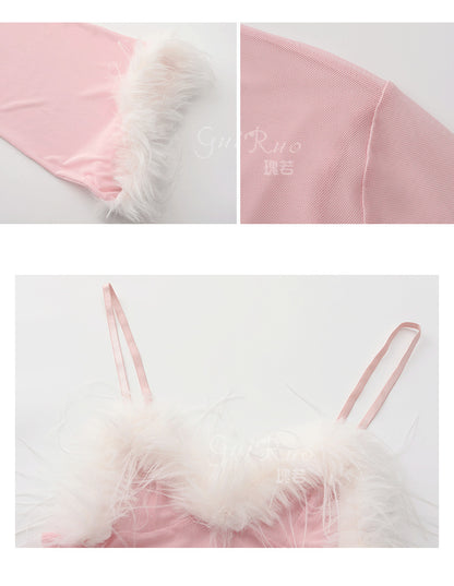 Womens Sexy 3 Piece Fuzzy Lingerie Set Transparent Tulle Nightshirt With Robe and G-String