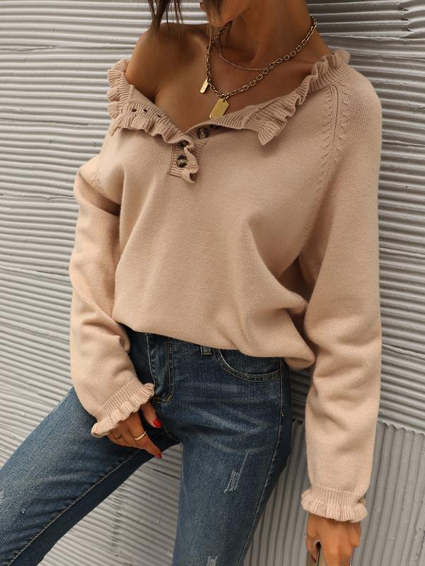 Women's Knit Pullover Sweater Tops - Casual Long Sleeve Button Down Crew Neck Ruffle Solid Color Striped - Knitwear, Womenswear - Seldom Seen Styles