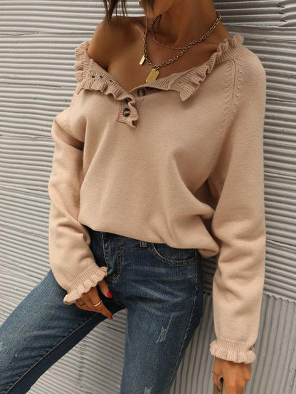Women's Knit Pullover Sweater Tops - Casual Long Sleeve Button Down Crew Neck Ruffle Solid Color Striped - Knitwear, Womenswear