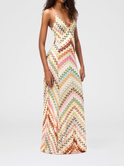 Women Sexy Hollow Beach Long Colorful Striped Printed V Neck Maxi Sleeveless Backless Sling Vacation Suspender Dress