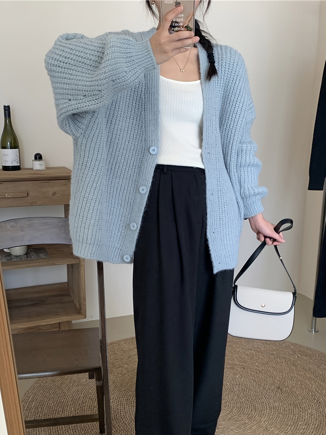 Drop Shoulder Button Front Cardigan, Casual V-ringad långärmad cardigan för höst och vinter, damkläder