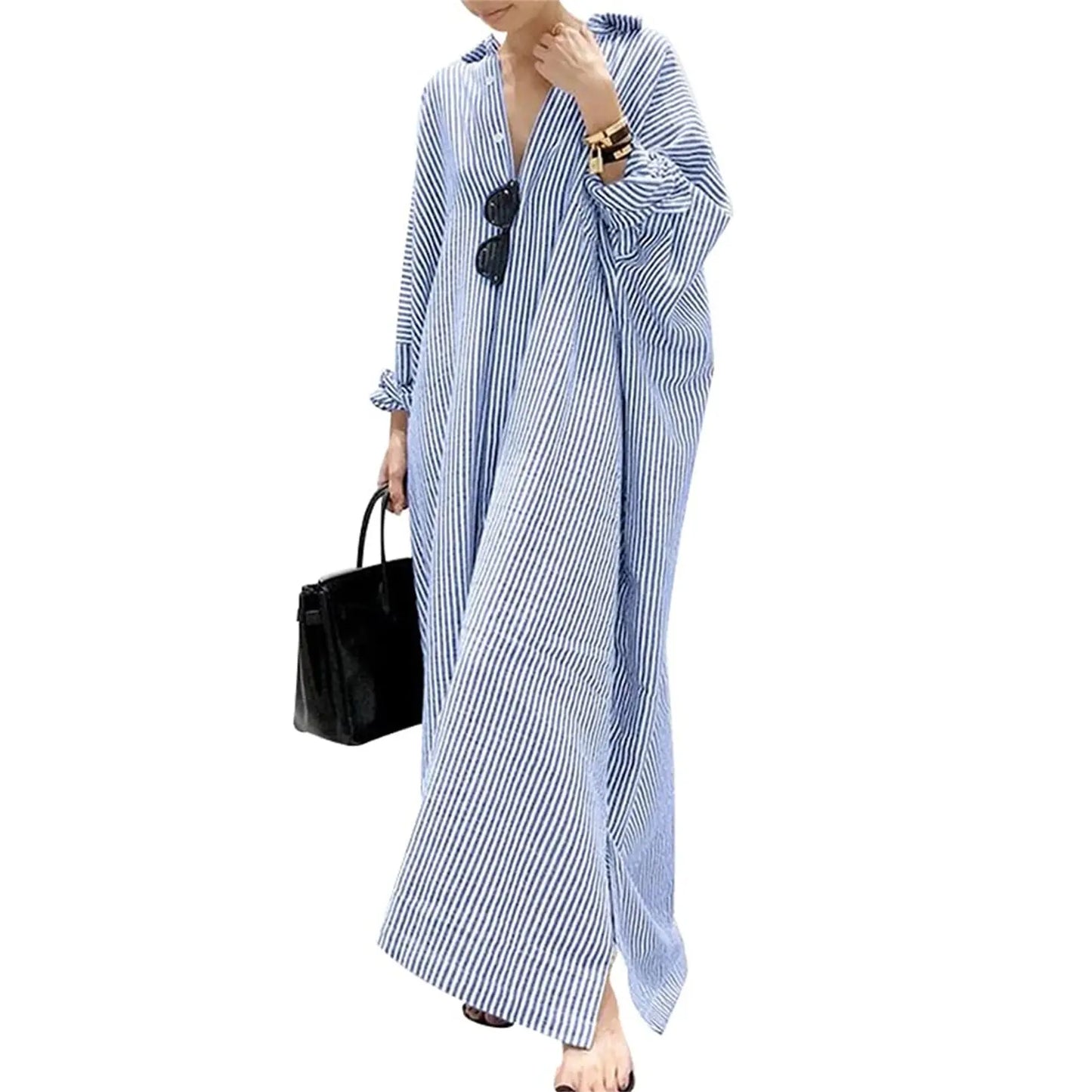 Chouyatou Women's Casual Long Sleeve Button Down Loose Striped Cotton Maxi Shirt Dress Grey Caftan Comfy Basic Batwing Sleeves Breathable Lightweight Beach Clothes Womenswear Bikini Elegant Fit tiktokshopspringglowup