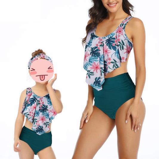 Family Matching Swimwear Mother Daughter Women Kids Girls Floral Green Leaves Printed Bikini Two-Piece Swimwear Suits - Seldom Seen Styles