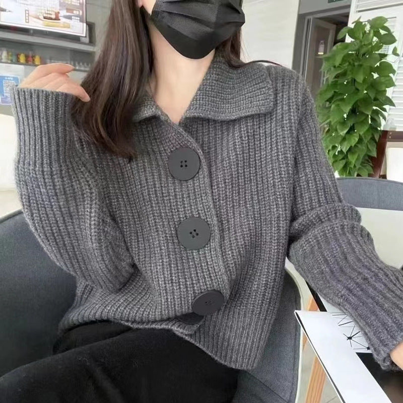 Korean Style 2024 New Spring and Autumn Sweater Easy Matching Coat Loose Fashion Big Buckle Western Style Lapel Knitted Cardigan for Women