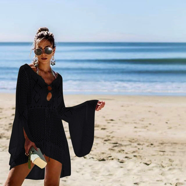 Hollow-out Sun Protection Shirt Bell Sleeve Beach Cover-up Bikini Cover  Hot Knitwear Swimsuit