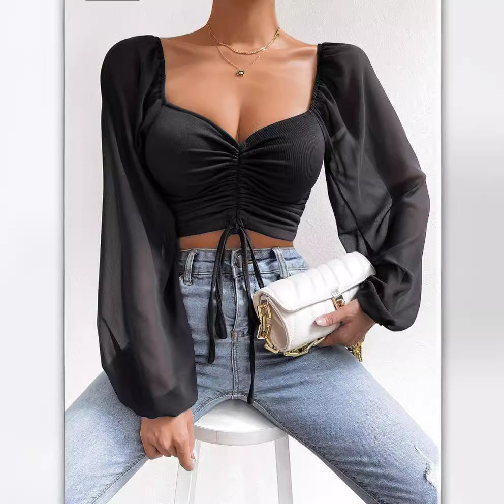 2024Amazon AliExpress Summer NewVCollar Chiffon Drawstring Lantern Sleeve Skinny Fashion Sexy Shirt Top