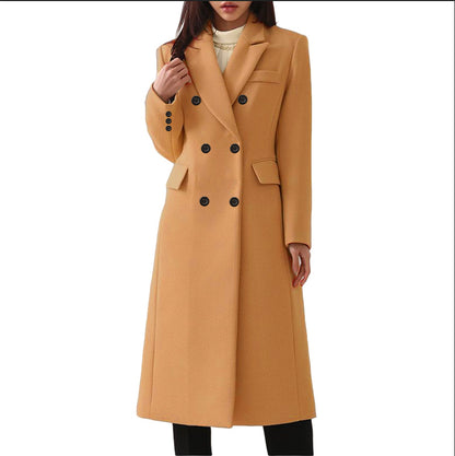 Women's Notch Lapel Double Breasted Wool Blend Mid Long Pea Trench Coat