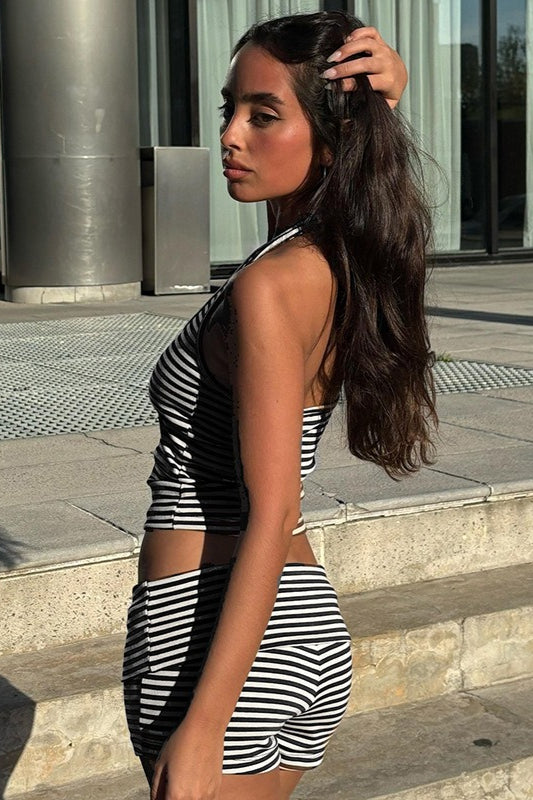 Casual Striped Halter Cuff Hem Two Piece Set - Seldom Seen Styles