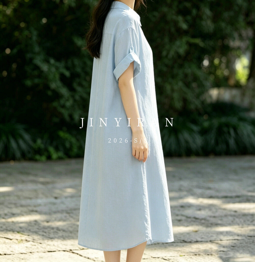 Light Blue Linen Short Sleeve Button Down Shirt Dress Collared Loose Fit Casual Midi Dress - Seldom Seen Styles