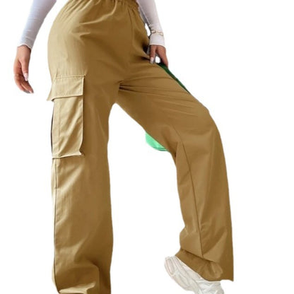 Girl's Elastic Waist Trousers Loose Straight Leg Flap Pocket Cargo Pants