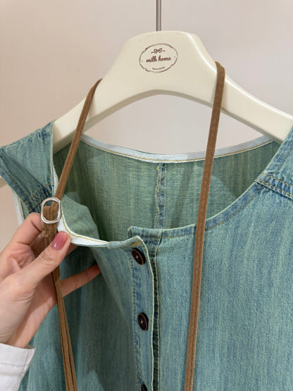 Women's Light Blue Denim Sleeveless Midi Dress Drop Waist Button Front with Free Fringe Crossbody Bag
