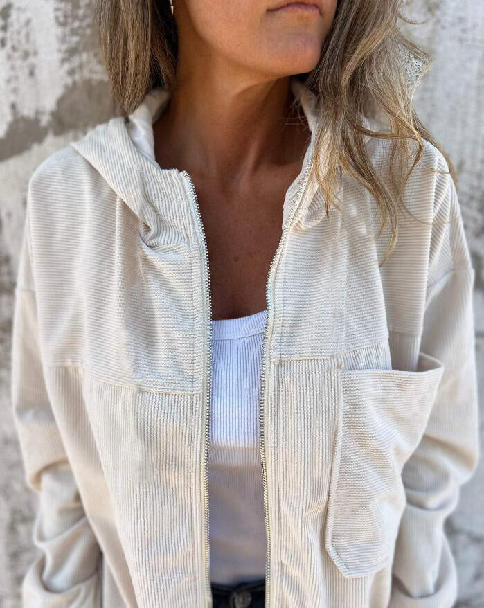 Corduroy Drawstring Hooded Pocket Zip Up Jacket Loose Shacket Coat - Seldom Seen Styles