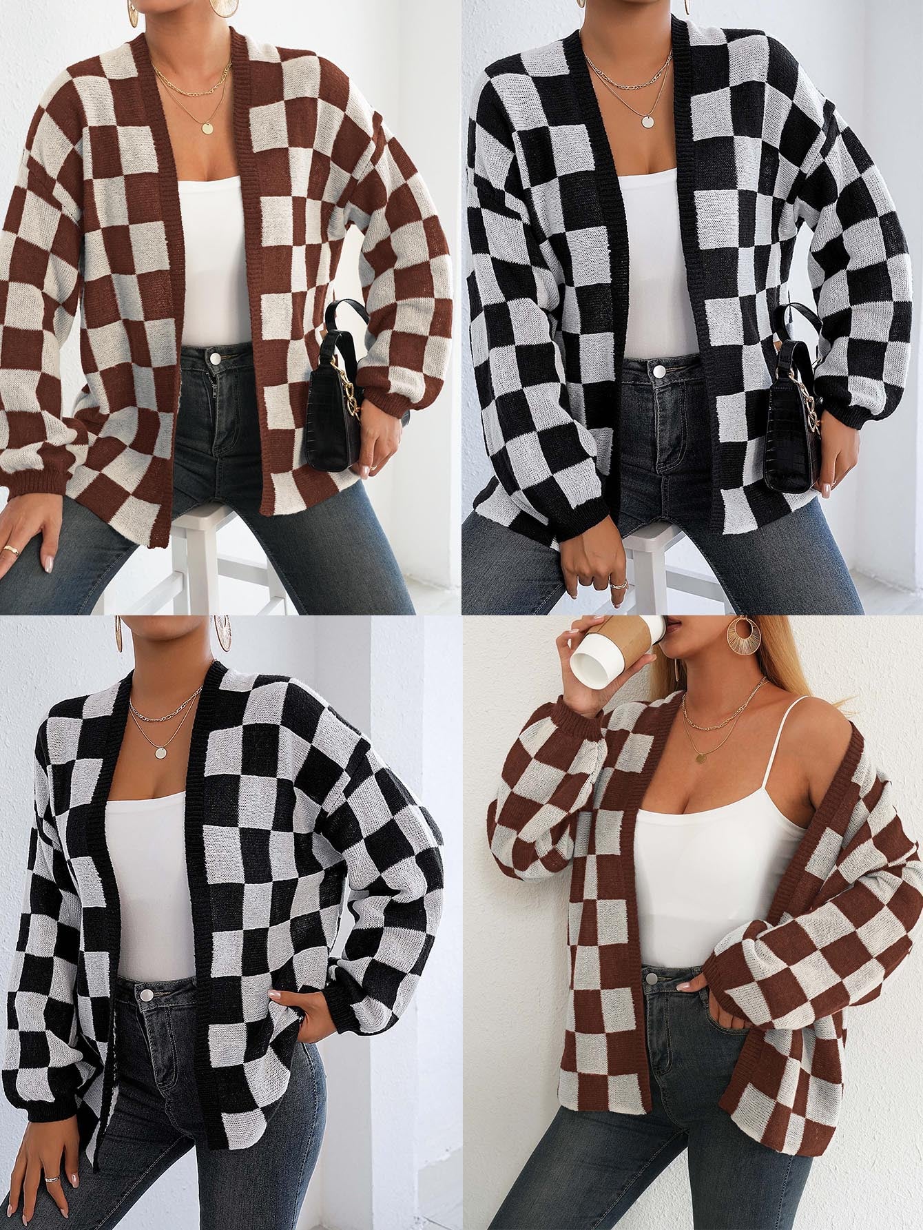 Women's Checkerboard Print Drop Shoulder Cardigan, Casual Long Sleeve Open Front Knitwear for Fall & Winter, Women's Knit Clothing for Daily Wear