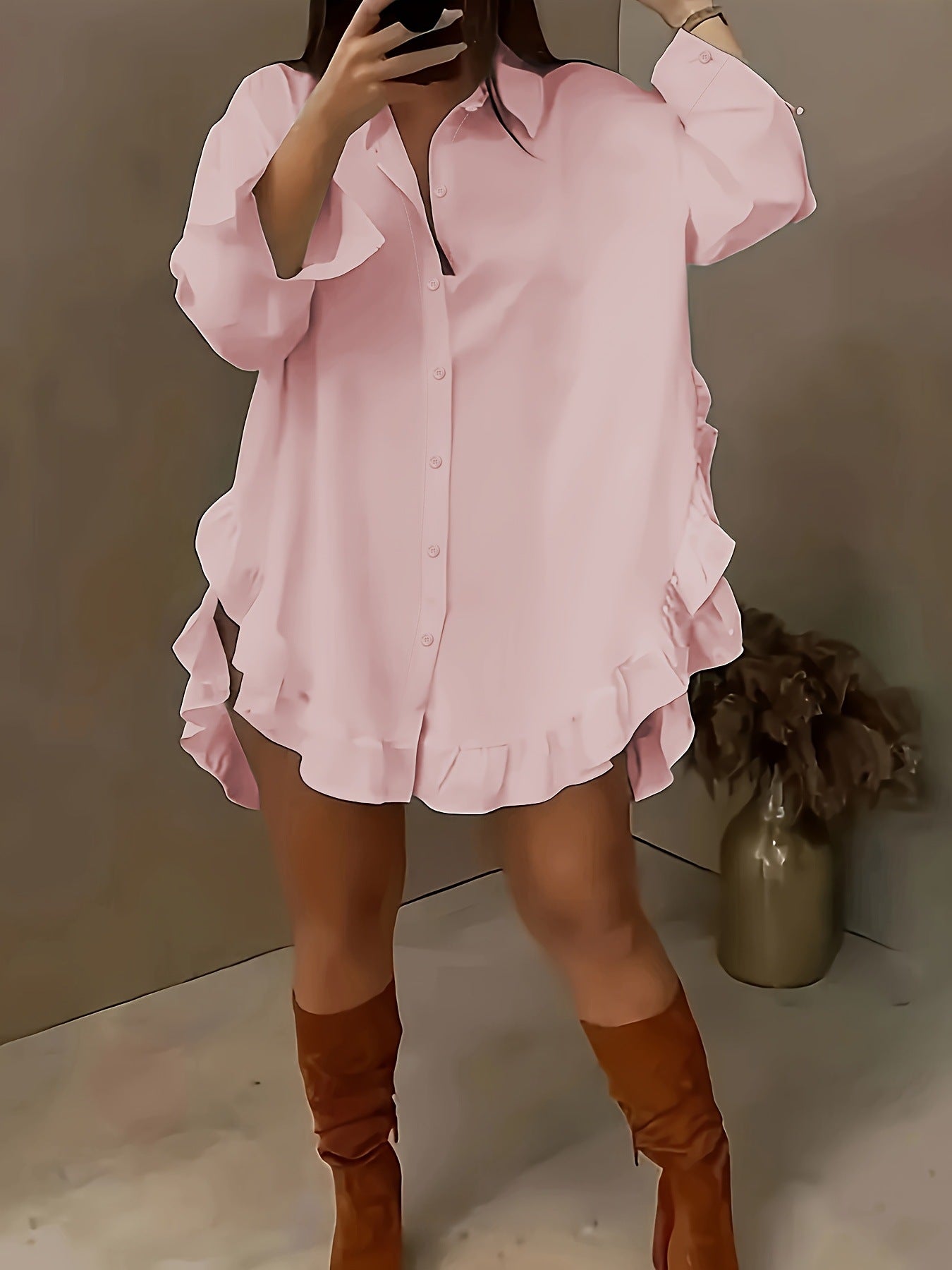 Women's Plain Ruffle Trim Button Front Blouse, Casual Fit Longsleeves Collared Top for Daily Wear, Ladies Clothes for All Seasons, Feminine - Seldom Seen Styles