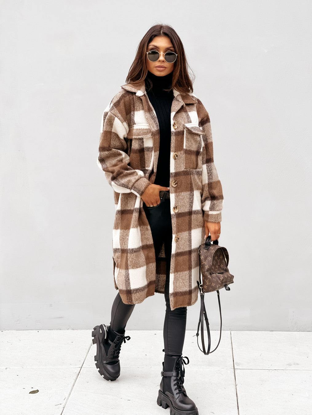 European and american hot2023ebay Amazon Winter New Women's Clothing Fashion Plaid Single-Breasted Coarse Wool Coat