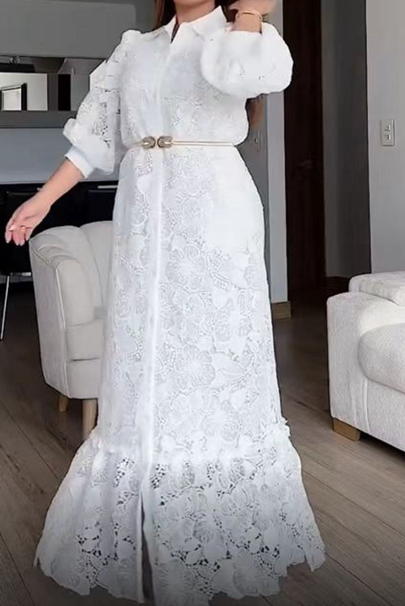 white lace dress lace maxi dress Solid Color Long Sleeve Button Hollow Lace Cardigan Dress Women's