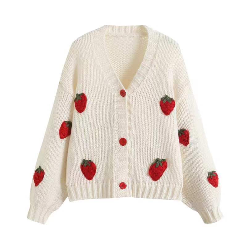 2024 Herbst und Winter Neues Temperament WildVCollar Strickjacke Modische Jacke Retro Twist Erdbeere Bestickter Pullover 