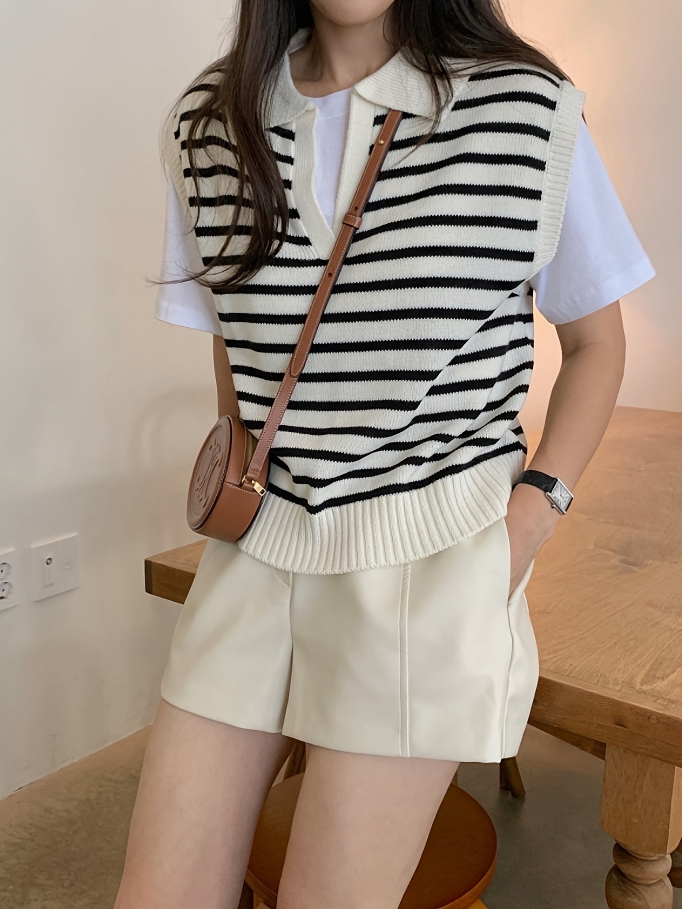 Women's Casual Striped Knit Vest with Lapel Collar - 100% Polyester Sleeveless Sweater for All Seasons