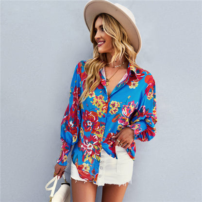 European and american hot2024eBay Amazon Spring Long-Sleeved Versatile Top Fashion Lantern Sleeve Women's Printed Wear Shirt