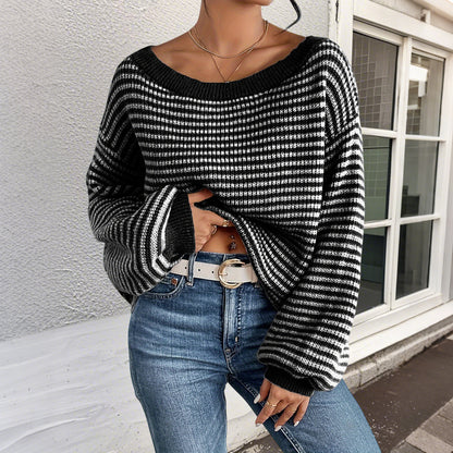 Women's Striped Drop Shoulder Sweater, Y2k Casual Bishop Sleeve Boat Neck Jumper Tops for Daily Outdoor Wear Back To School, Sweaters for Women, Ladies Knitwear for Fall, Fall Outfits, Fallfreshness, Preppy 80s Clothes