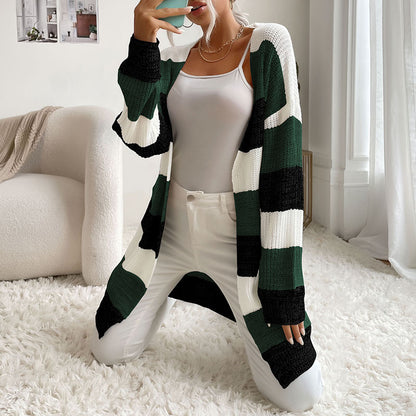 Women's Clothing Long Non-Button Colorblock Sweater Coat  Autumn Winter Hot Products