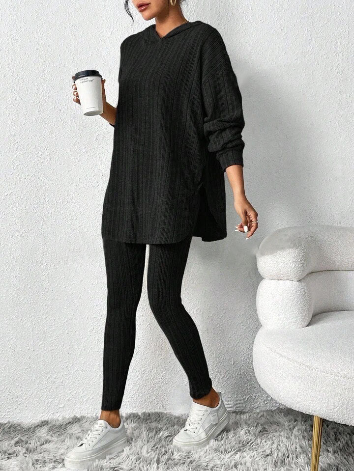 with Textured Two-Piece Set, Casual Long-Sleeved Hoodie and Leggings Suit, Women's Clothing