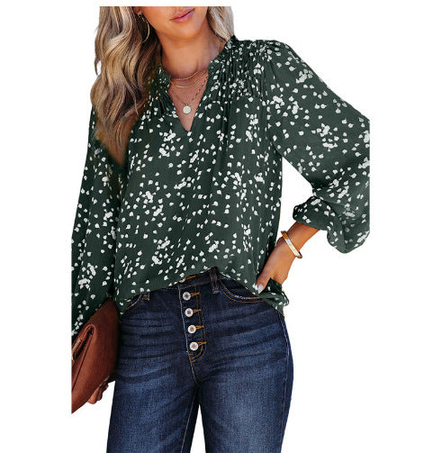 Dokotoo Damen Casual V-Ausschnitt Alicia Blumendruck Gesmokt Langarm Chiffon Blusen Bohemian Top Shirts 