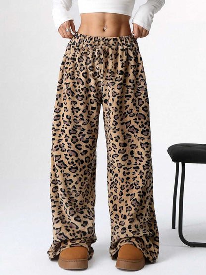 Pantalon de pyjama en peluche pelucheuse pour femme, cordon de serrage, taille élastique, jambe large, pantalon de détente