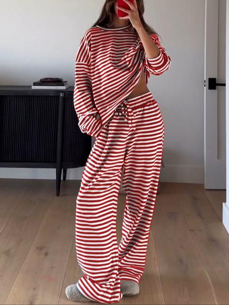 Women's Casual Striped Long Sleeve Top & Pants Set, Comfortable Loose-Fitting Home Wear, Fashionable Two-Piece for Daily Use - Seldom Seen Styles