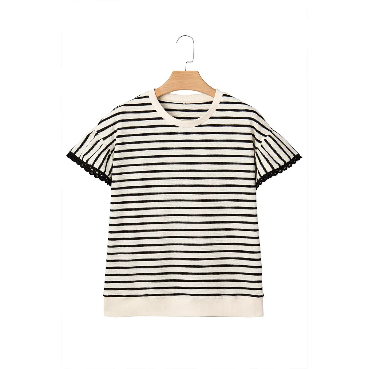 Shewin 2026 SummerVibes Women's Casual Striped Ruffle Sleeve Top - Round Neck Loose Fit Cotton Ribbed Knit T-Shirt with Lace Trimmed Flounce Sleeves for Daily Wear - Seldom Seen Styles