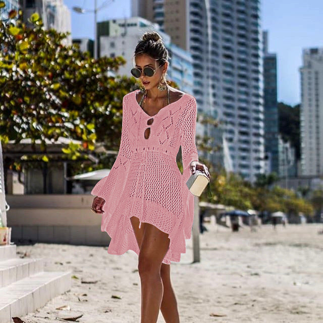 Hollow-out Sun Protection Shirt Bell Sleeve Beach Cover-up Bikini Cover  Hot Knitwear Swimsuit