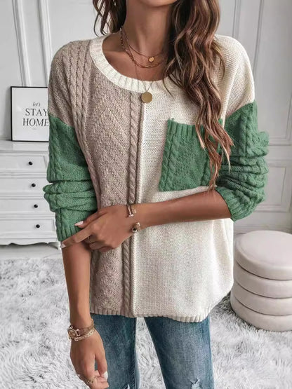 Amazon New Sweater European and American Women's Clothing Casual Patchwork Pocket Pullover Sweater Top Women's Sweater