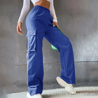 Girl's Elastic Waist Trousers Loose Straight Leg Flap Pocket Cargo Pants