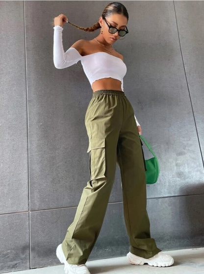 Girl's Elastic Waist Trousers Loose Straight Leg Flap Pocket Cargo Pants