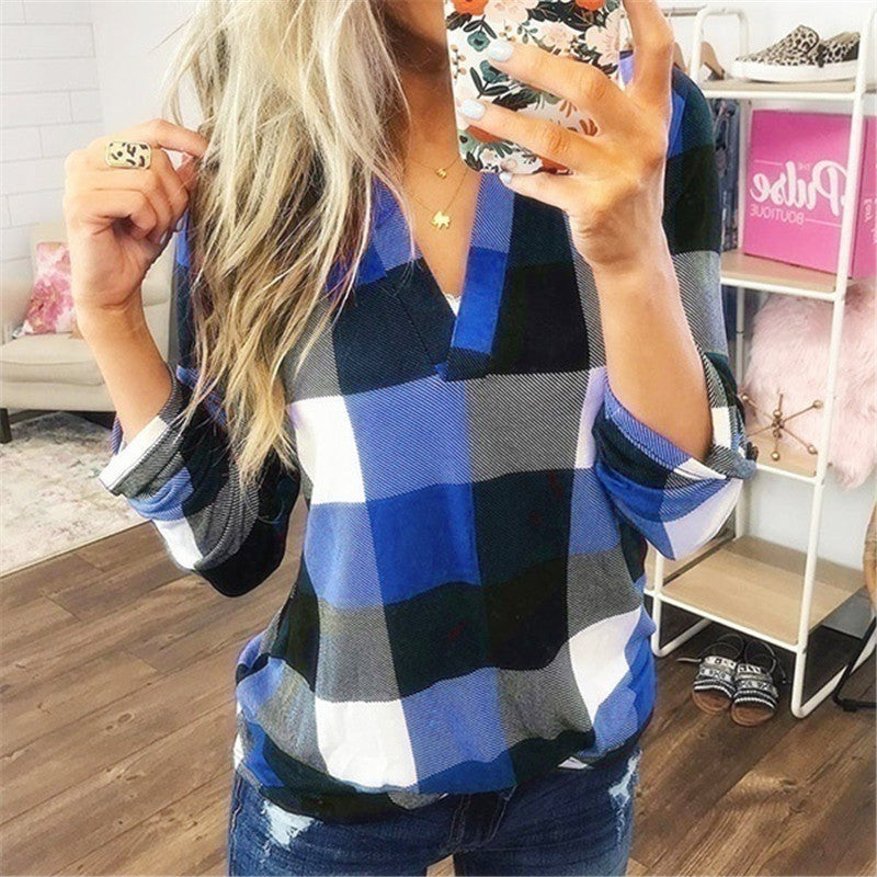 Dokotoo Womens Basic Casual V Neck Plaid Print Cotton Cuffed Long Sleeve Work Tops Blouses Shirts S-3XL