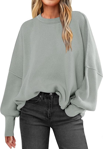 ANRABESS Women Crewneck Batwing Long Sleeve 2024 Fall Oversized Side Slit Ribbed Knit Pullover Sweaters Top Cozy Outfits