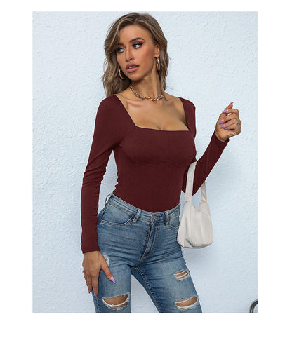 Women's Long Sleeve Bodysuit Shapewear Top Square Neck Bodysuit Halloween One Piece Basic Backless