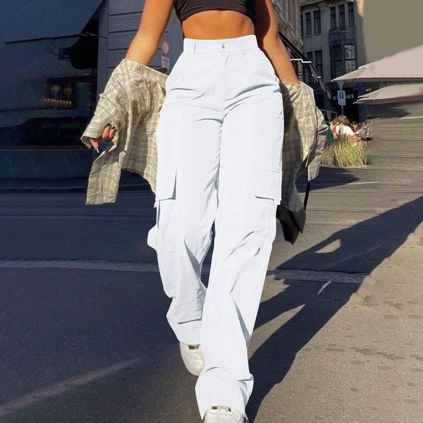 Women's Basic Minimalist Plain Button Front Pocket Cargo Pants, Fashion Y2K Clothes Women, Comfort Casual Street High Waist Wide Leg Trousers For Spring & Fall, Summer Pants, Ladies' Bottoms For Daily Wear, Womenswear, Preppy 80s Clothes - Seldom Seen Styles