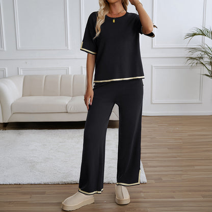 Women's 2-Piece Lounge Set - Black Knit Tracksuit with Short Sleeve Top & Wide Leg Pants - Soft Stretchy Homewear for Casual Wear