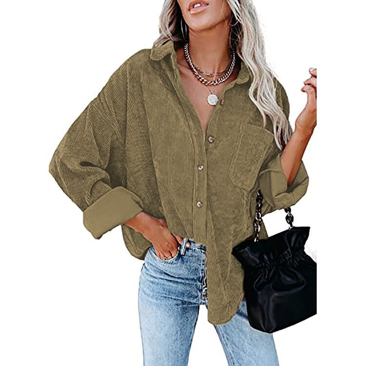 Dokotoo Womens Corduroy Button Down Shirts Boyfriend Long Sleeve Oversized Blouses Tops