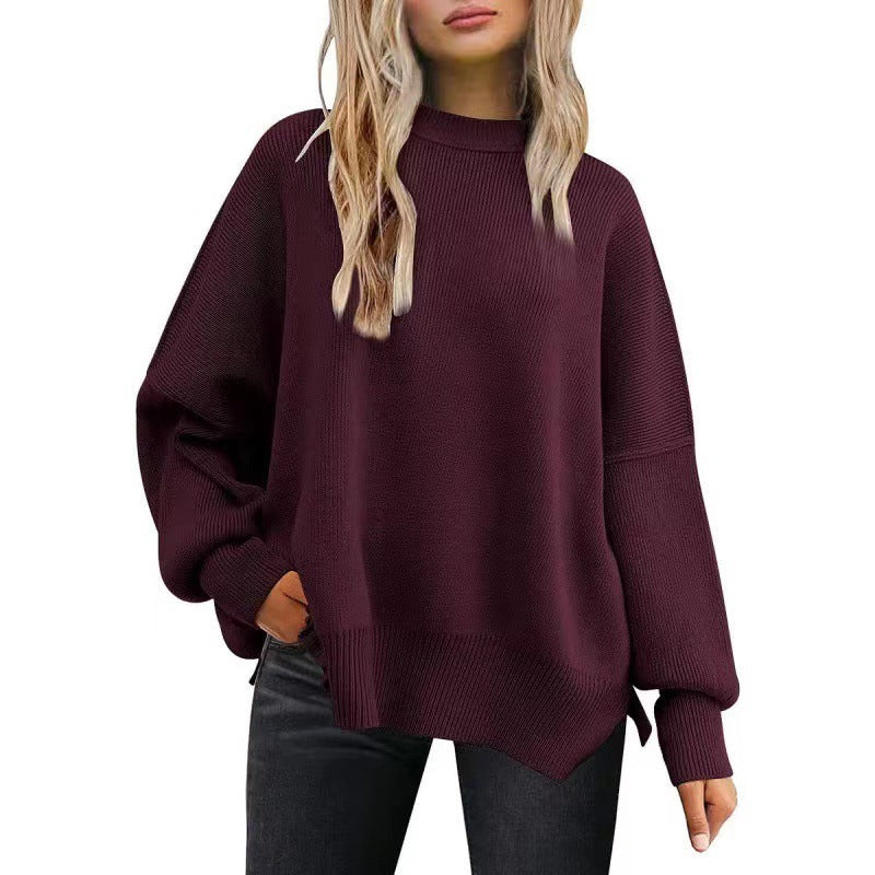 Women's Oversized Batwing Sweaters 2024 Fall Outfits Crewneck Ribbed Knit Side Slit Trendy Pullover Tops